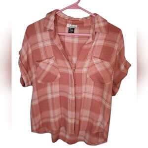 Size Small blush and cream plaid blouse with iridescent buttons.